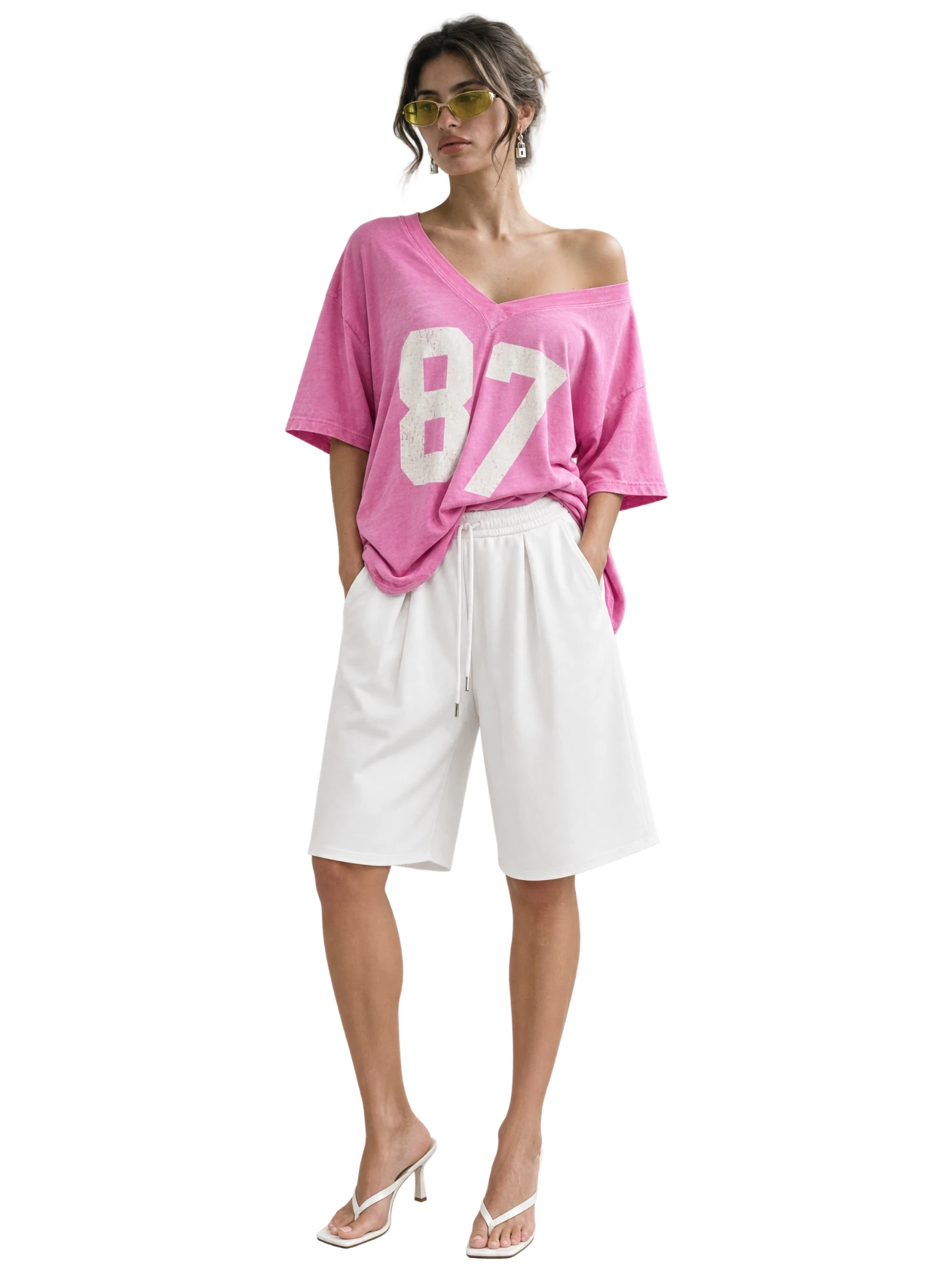 '87 Tunic in Rose Pink with white shorts